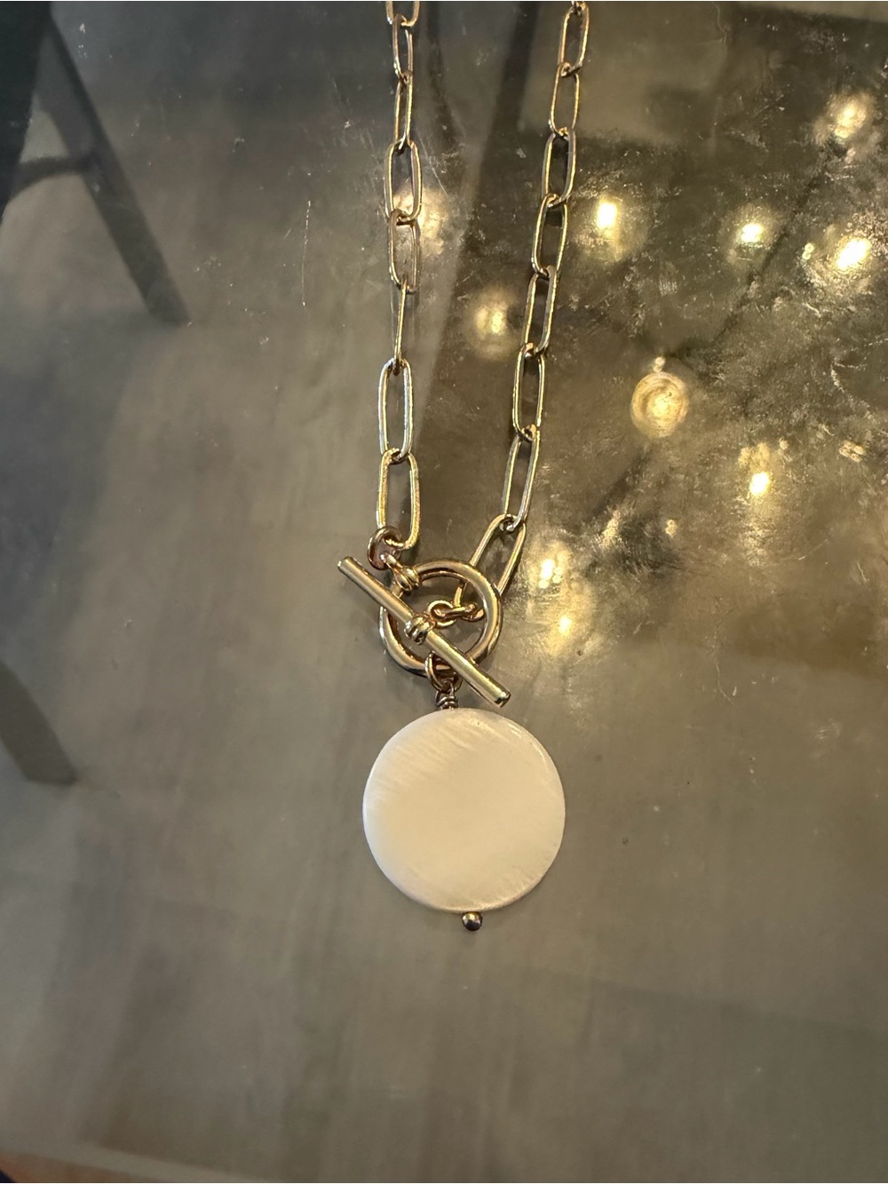Gold Chain Necklace with White Disc Pendant
